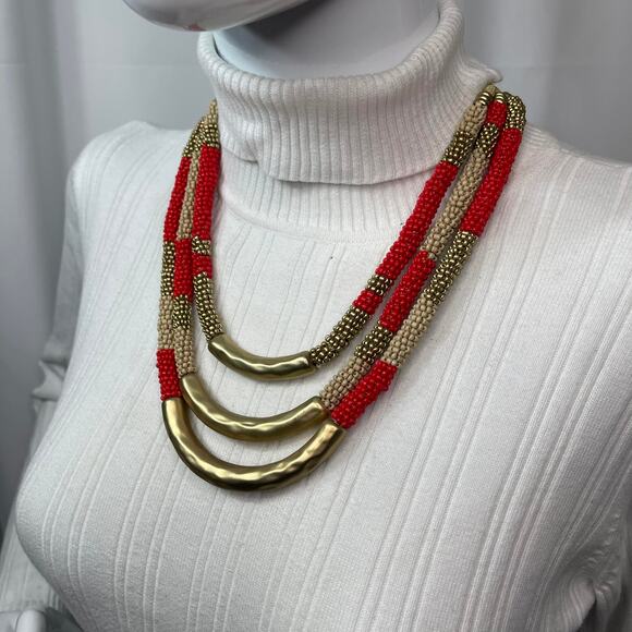 Chico's statement necklace red and gold tone multi strand signed costume jewelry - Picture 11 of 14